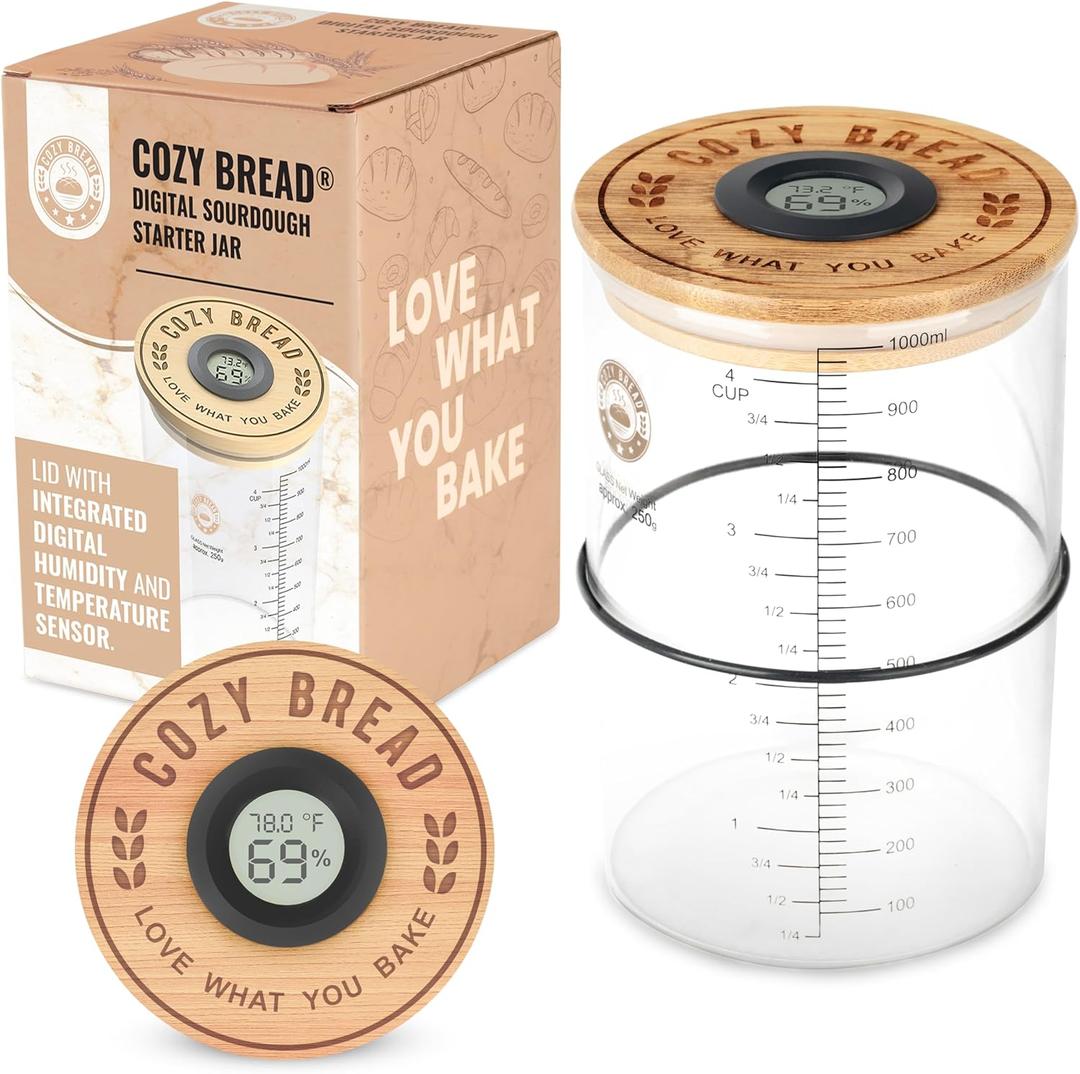 Cozy Bread Digital Sourdough Starter Jar  34oz Glass Fermentation Jar with Digital Temperature & Humidity Sensor | Perfect for Growing Sourdough Starter | USA Brand
