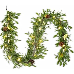 6FT Lighted Garland Christmas with Timer, Faux Cedar Garland Realistic with Berry Pinecone,Xmas Vines for Fireplace Indoor Outdoor Winter Decor