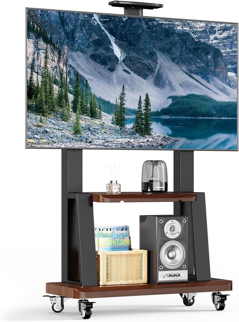 Mobile TV Stand Rolling TV Cart with Wheels for 32-75 Inch Flat/Curved Led/LCD/OLED Portable Floor TV Stand with Shelf, Height Adjustable Heavy-Duty Holds up to 180lbs,Max VESA 600 * 400mm (Black)
