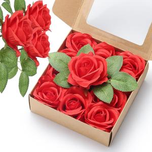 Artificial Flowers 24 Item Artificial Silk Flowers with Stems Realistic Roses Bouquet for DIY Wedding Bouquets Valentines Day Decorations Home Wedding Decoration 12 Rose with 12 Green Leaves (Red)