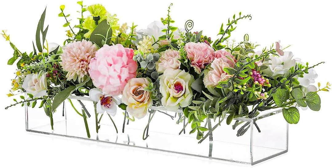 Rectangular Acrylic Vases for Centerpieces, 16 Inches Long Floral Vase with Holes for Flowers, Clear Rectangle Box Tray for Roses Modern Flower Arranger for Wedding Home Dining Table Decor, 1pc