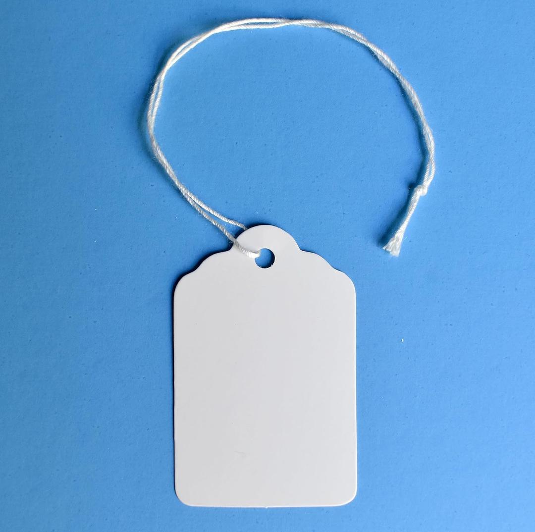 500 Merchandise Tags with String Attached - 2 1/4 x1 7/16 - White Marking Hanging Paper Tags with Strings, Labels to Tie On