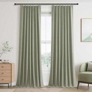 Sage Green Pinch Pleated Linen Blackout Curtains 100 Inches Long for Living Room 2 Panel Set 100% Black Out Pinch Pleat Hooks Rings Back Tab Drapes 100 Inch Curtain with Liner Bedroom Window