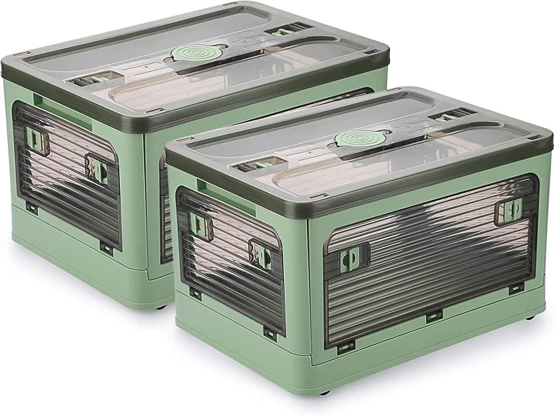 2 Pack Plastic 4 Doors Collapsible Storage Bins with Lid & Wheels, 36 Liters Folding Storage Bins, Stackable Multifunctional Box for Camping Clothes Snack Storage (Green)