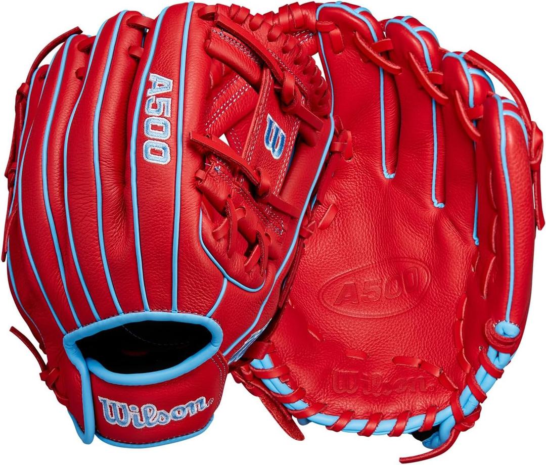 Wilson | A500 | Adult + Youth Baseball Glove + Mitt | Red/Blue/White, 11.5" | Infield, Right Hand Throw 