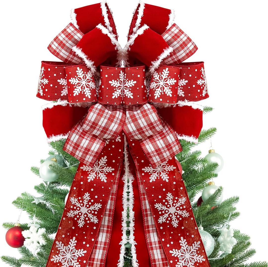 Christmas Tree Topper Bow,48''x 13'' Large Velvet Christmas Wreath Bows Xmas Ornaments with Long Plaid Streamer Wired Edge Ribbon for Farmhouse Christmas Decoration (Red)