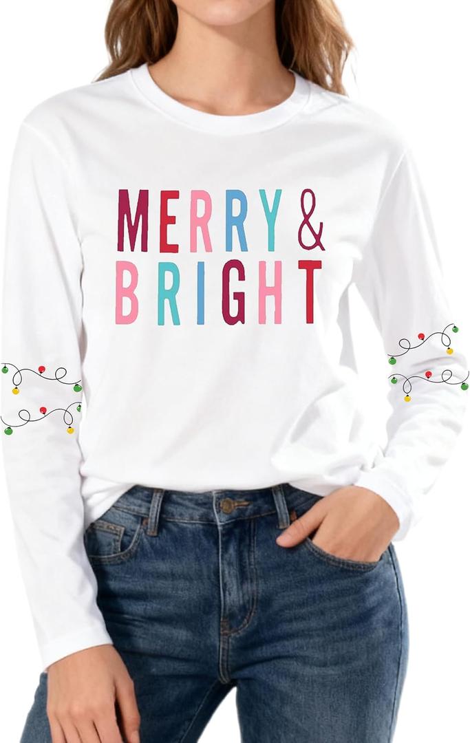 Christmas Shirts for Women Cute Christmas Tree Graphic Long Sleeve T Shirt Funny Holiday Xmas Top, 2XL