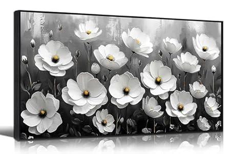 Large Black and White Flower Canvas Wall Art With Black Wood Frames for Living Room Bedroom Home Office Modern Canvas Prints Framed Canvas Wall Art Size 30x60