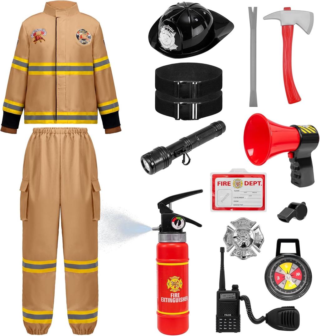 Spooktacular Creations Halloween Firefighter Costume for Kids, Brown Firefighter Roleplay Accessories for Toddler Party (S)