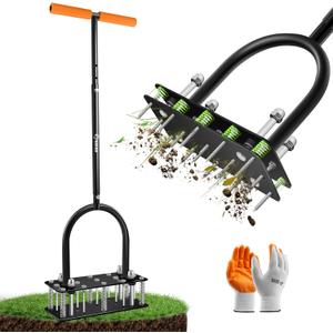 Saker Lawn Aerator Tool, Lawn Aerator with 15 Iron Spikes, Automatic Leaf and Dirt Cleaning with Spring-Loaded Design, Metal Manual Aerator for Loosening Soil Aerating Patio, Yard, Garden Orange