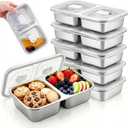 6 Pack Stainless Steel Snack Containers, 2 Compartment Reusable Metal Snack Boxes Containers with Leak-Proof Lids, Compact Lunch Box Food Storage Container