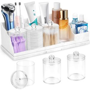 Bathroom Counter Organizer, Large White Silicone Toothbrush Holders for Bathrooms with 3PCS Qtip Holder, Bathroom Organizer Countertop Toothbrush and Toothpaste Holder for Makeup Organizer for Vanity