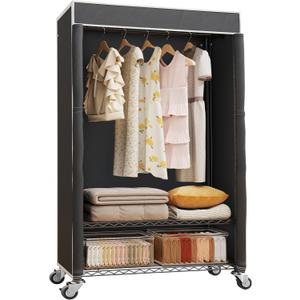 H4 Clothing Rack with Cover, Rolling Heavy Duty Clothes Rack, Garment Rack on Wheels, Portable Closet for Hanging Clothes, Black Clost Rack with Black Fabric Cover, Max Load 380LBS