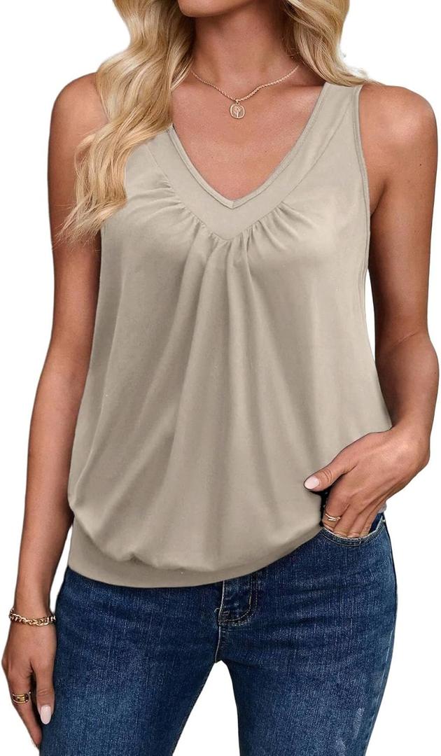 Zeagoo Womens Tank Tops Loose Fit V Neck Ruched Sleeveless Tops Casual Basic Banded Shirts S-XXL (Beige)
