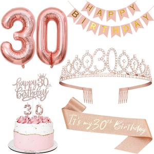 30th Birthday Decorations for Her, Including 30th Tiara and Sash, Happy Birthday Banner, Cake Toppers, Number Candles and Balloons Set, Rose Gold