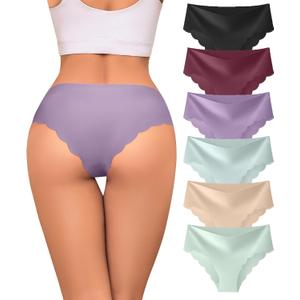 Sexy Seamless Underwear Wave Edge No Show Bikini Panties V-waist Ice Silk Hipster Lady Cheeky Invisibles Briefs 6 Pack (XL)