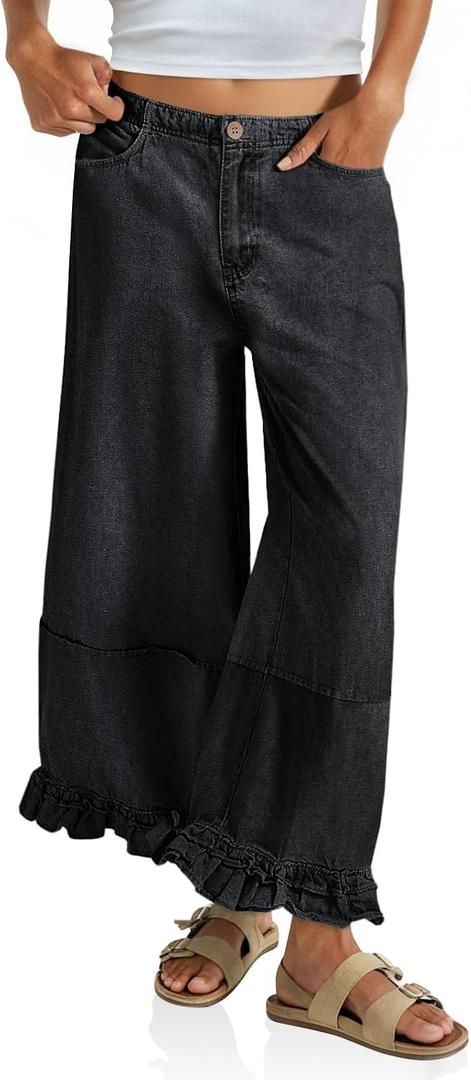 Cicy Bell Womens Ruffle Wide Leg Jeans Cropped Elastic High Waisted Baggy Denim Pants with Pockets (Black, S)