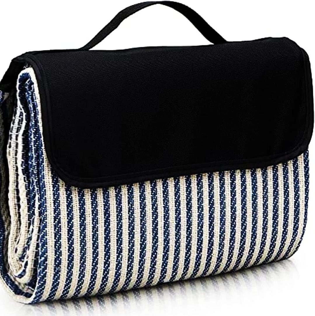 scuddles Extra Large Picnic & Outdoor Blanket Dual Layers for Outdoor Water-Resistant Handy Mat Tote Spring Summer Great for The Beach, Camping on Grass Waterproof Sandproof (53 X 59, Striped White & Blue)