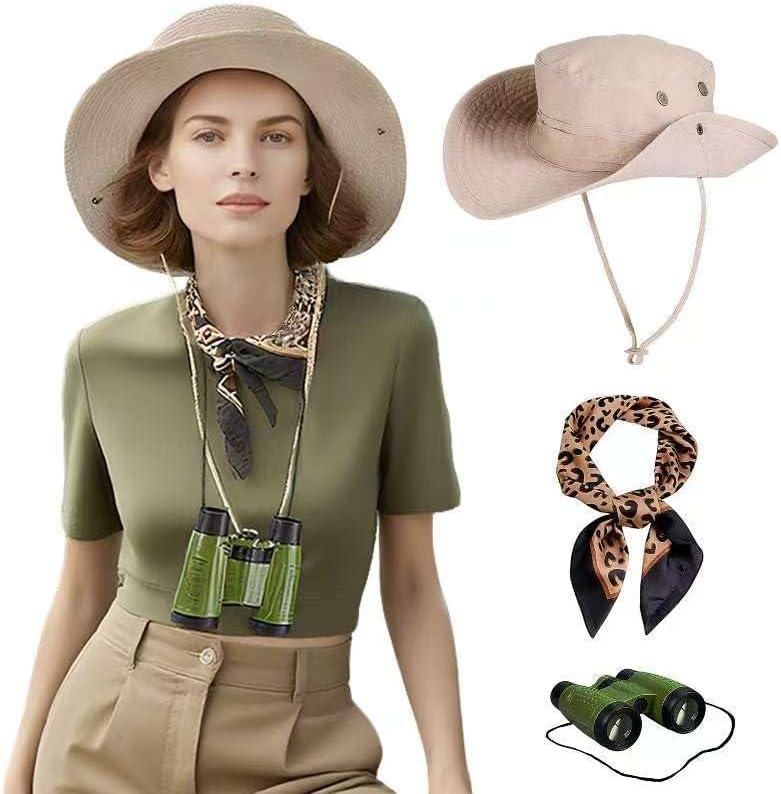 Safari Explorer Costume Beige Sun Hat with Leopard Print Scarf and Green Binoculars