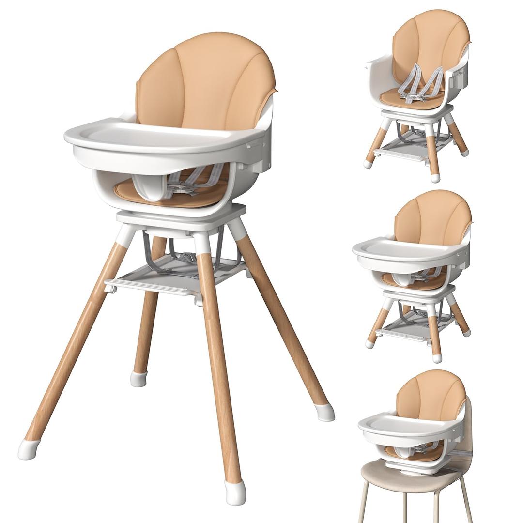 EROMMY Baby High Chair,6-in-1 Convertible Wooden High Chair for Babies and Toddlers-Baby Feeding Chair with 5-Point Harness,Adjustable Highchair Features,Removable Double Tray&360Swivel Seat