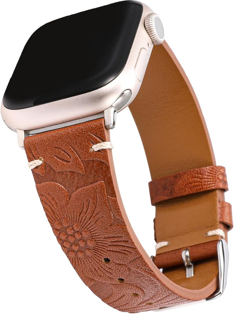 Wearlizer Retro Floral Relief Band Compatible with Apple Watch Bands 41/40/38/4245/44/42/46/49mm, Soft Leather Western Vintage Classical Strap for Women iWatch Series 11/10/9/8/7/6/5/4/3/2/1/SE/Ultra