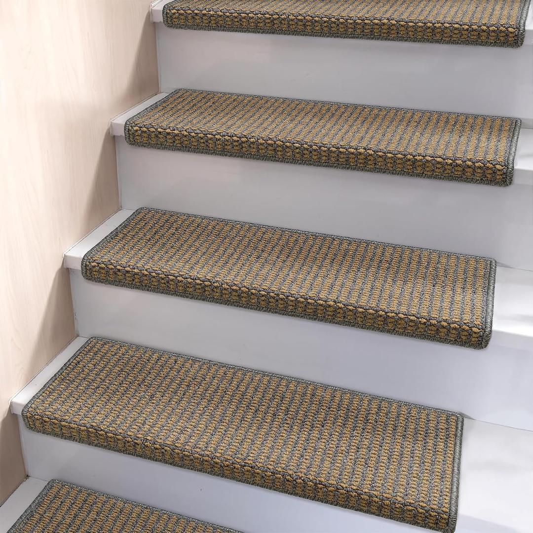 Brakki Bullnose Carpet Stair Treads, Stair Treads for Wooden Steps Indoor Runner and Pets, Non Slip Soft Edging Staircase Protectors, Washable, 29.5"x9.5"x1.5" 14pcs, Grey and Beige