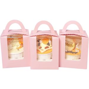 Bakepacker Auto-pop up Individual Cupcake Boxes with Window 25 Count Pink Single Cupcakes Box 3.7 x 3.7 x 4.3inch Cupcake Carrier