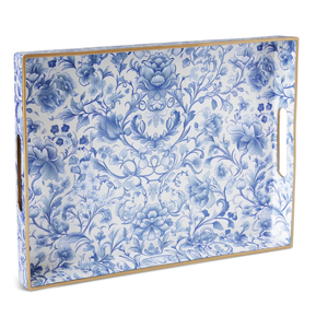ORIGTRAY Serving Tray with Handles, Rectangular Plastic Tray 15.75x11.81 Inch, Blue and White Peony Chinese Porcelain Style Decorative Tray for Kitchen, Dining Table, Vanity, Office & Home