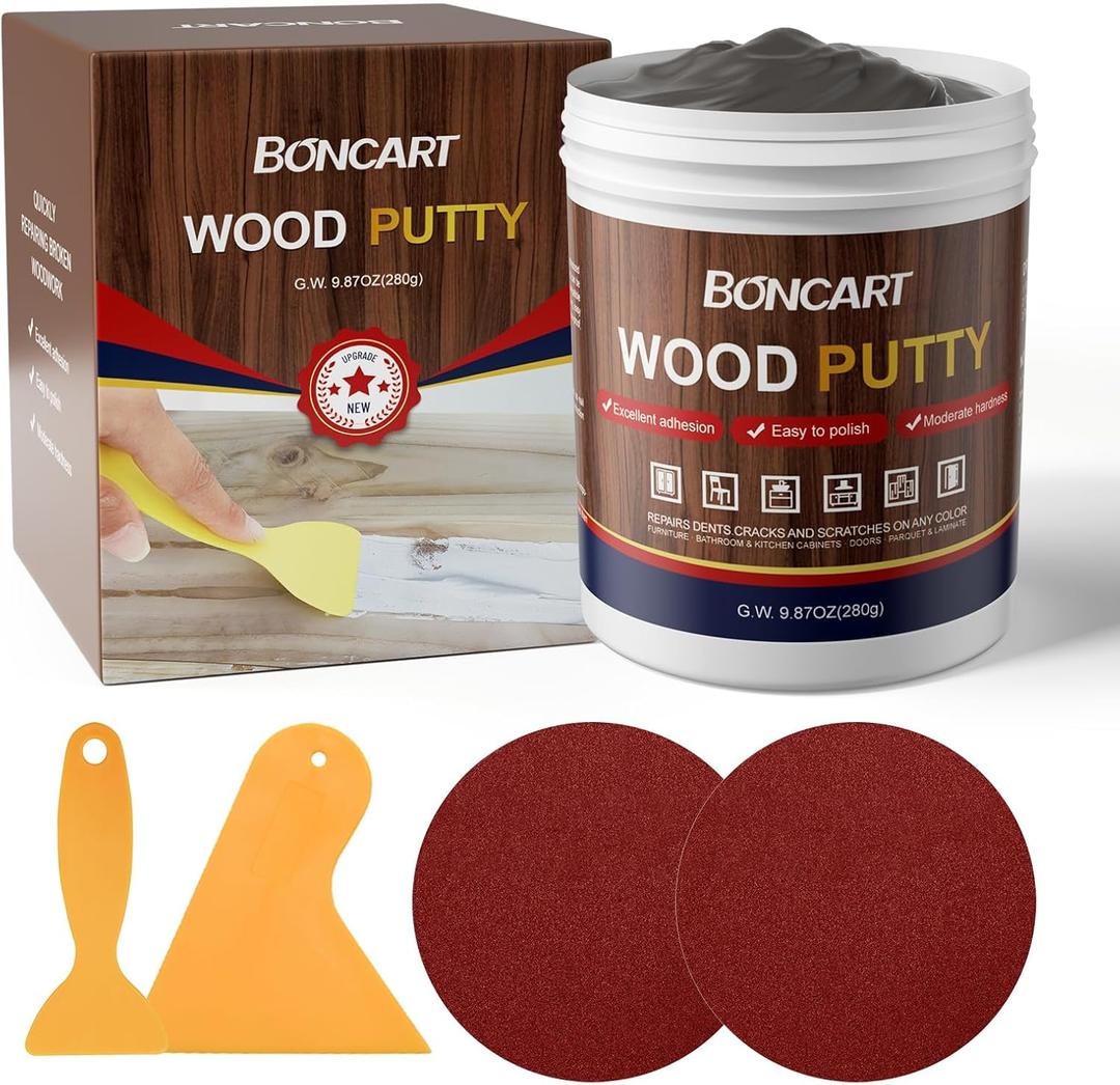 BONCART Wood Filler - Ebony, Paintable, Stainable, Sandable. Quickly Repair Holes, Cracks, Chips, Damage, and Scorched Wooden Furniture