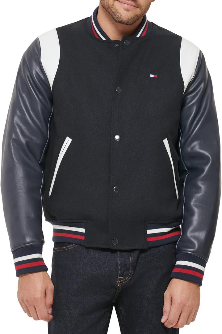 Tommy Hilfiger Mens Tommy Hilfiger Men's Mixed Media Varsity Bomber Jacket (Navy), Size Small