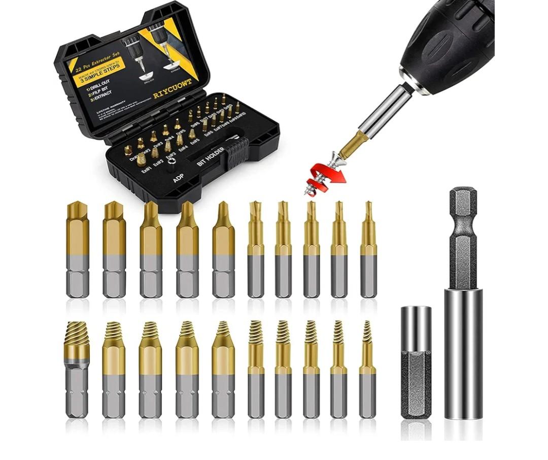 Gifts for Men, 22Pcs Titanium Screw Extractor Set - Remover for Stripped Head Screws Nuts & Bolts Drill Bit Tools for Easy Removal of Rusty & Broken Hardware High Speed Steel Superb Gift