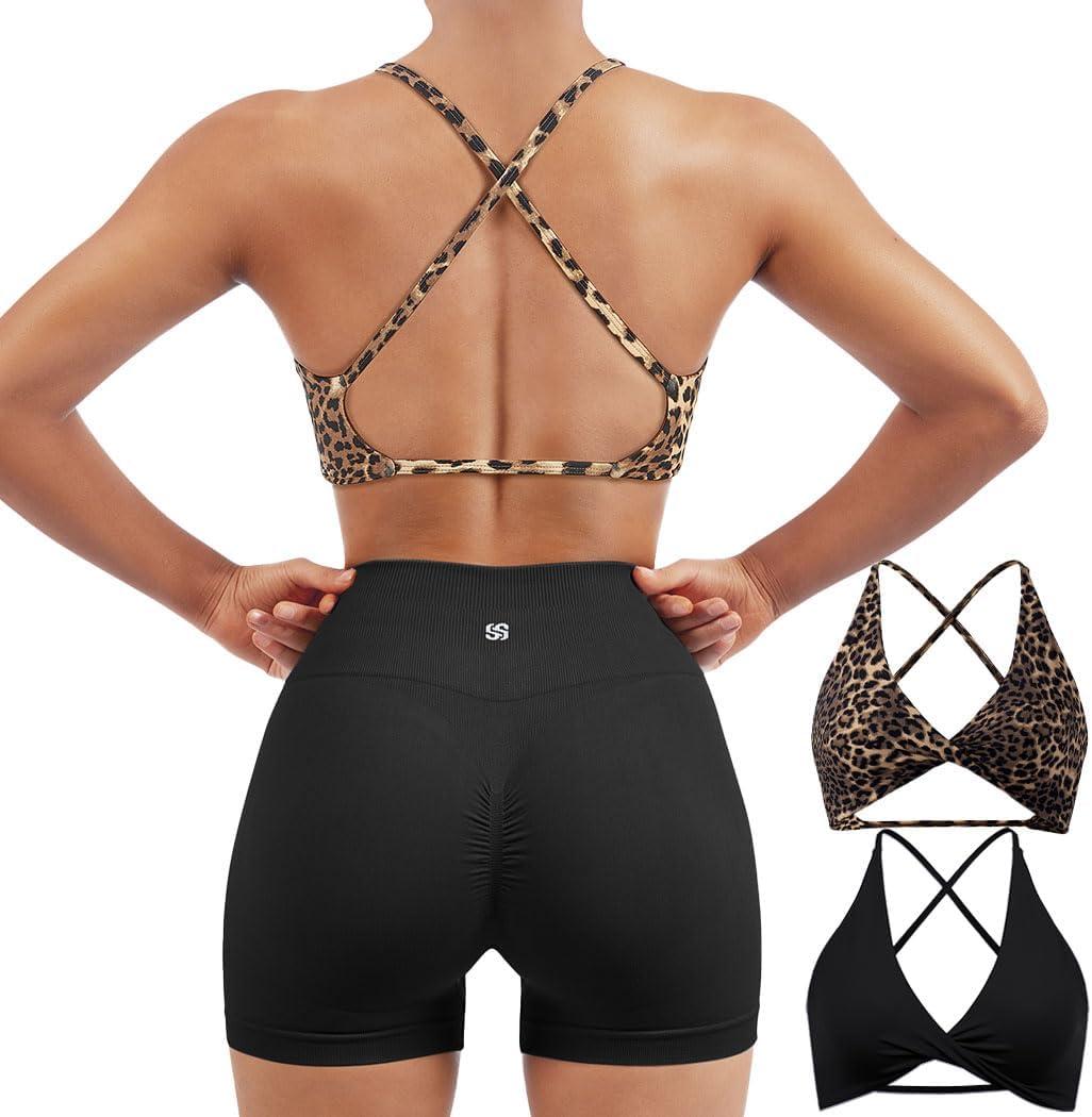 SUUKSESS Women 2 Piece Open Back Strappy Sports Bra Pack Twist V Neck Workout Crops (Medium, #2 Cheetah & Black)