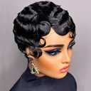 Finger Ocean Wave Wig Human Hair Short Curly Pixie Cut Wigs for Black Women Non Lace Full Machine Made Glueless Rose Net Cap Pixie Wig Brazilian Virgin Short Layered Glueless Bob Wig Mommy Human Hair