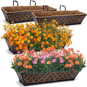 Pack of 4 24 Inch Window Box Planters Outdoor, Deck Railing Planter Boxes with Coco Liner, Metal Hanging Window Flower Boxes for Balcony Fence Porch Garden Railing Outdoor Window Flower Box