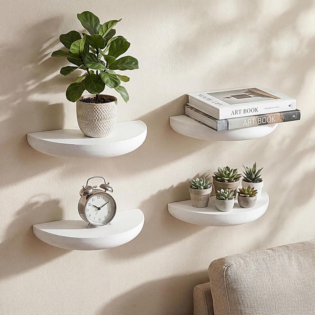 4 Pcs Solid Wood Half Round Floating Wall Shelves, Elegant Floating Wooden Shelves, 8.27 Inch Wall Shelf for Living Room, Bathroom, Bedroom, Offices, Pictures Plant Book(White)
