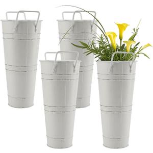 HOIGON 4 PCS Galvanized Metal Flower Vases, 9 Inch Rustic Farmhouse French Bucket with Handles,Metal Flower Holder for Weeding, Table, Home Decoration, White