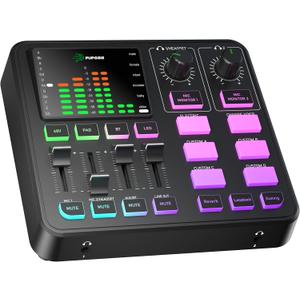 PUPGSIS Gaming Audio Mixer, Audio Interface for PC/Podcast/Streaming, Sound Board with 3.5mm/XLR Mic Input, 48V Phantom Power, Voice Changer, Live Sound Card with DJ Mixer Effects/Bluetooth/4 Channel (Black)