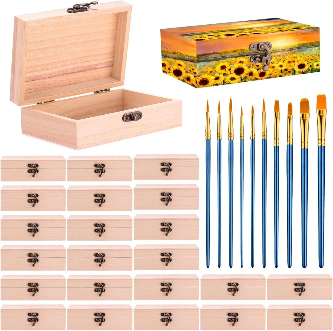 Barydat 24 Pcs Unfinished Wooden Boxes for Crafts 6 x 3.75 x 2 Inch, Wood Box with 10 Paintbrushes and Hinged Lid Wood Treasure Chest Boxes for DIY Crafts Jewelry Birthday Party Favor Gift Supplies