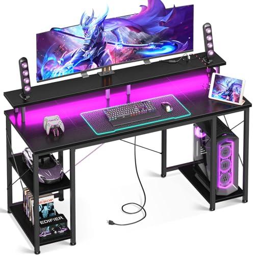 ODK 55 inch Gaming Desk with LED Lights & Power Outlets, Computer Desk with Monitor Stand & Storage Sheves, CPU Stand, Home Office Desk, Black
