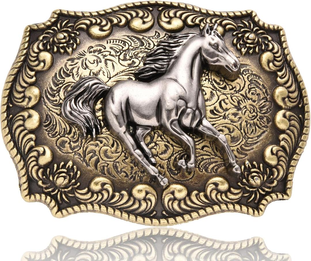 Running Horse Belt Buckle for Men, Western Cowboy Vintage Long Horn Bull Belt Buckle Gift for Birthday Halloween (1# Gold)