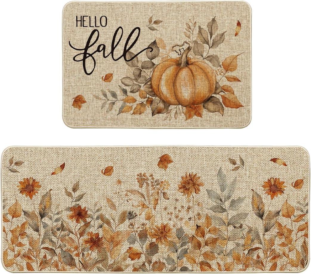 Artoid Mode Pumpkin Sunflowers Hello Fall Kitchen Mats Set of 2, Autumn Home Decor Low-Profile Kitchen Rugs for Floor - 24x35 and 24x59 Inch (Beige)
