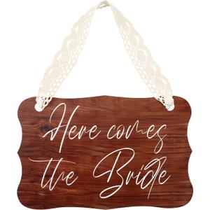 Wooden Here Comes The Bride Sign - Wedding Sign with Lace Ribbon, Rustic Wedding Stuff, Wall Hanging Wedding Decor, Ring Bearer Sign, Engagement Wedding Decorations for Engagement Wedding Party