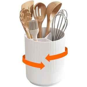 Lifewit Utensil Holder for Kitchen Counter, Cooking Silverware Caddy with Non-Slip Rotating Base, Large 3 Compartment Plastic Spoon Spatula Cutlery Flatware Organizer with Dry Draining, White, 1 Pack