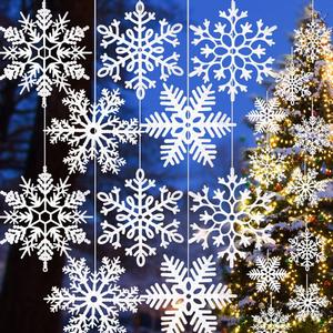 gisgfim 10 Pieces Large 12'' Sparkling Snowflakes Christmas Glitter Decorations 5 Styles Outdoor Hanging Ornaments Xmas Holiday Porch & Tree Decor Plastic Snowflakes