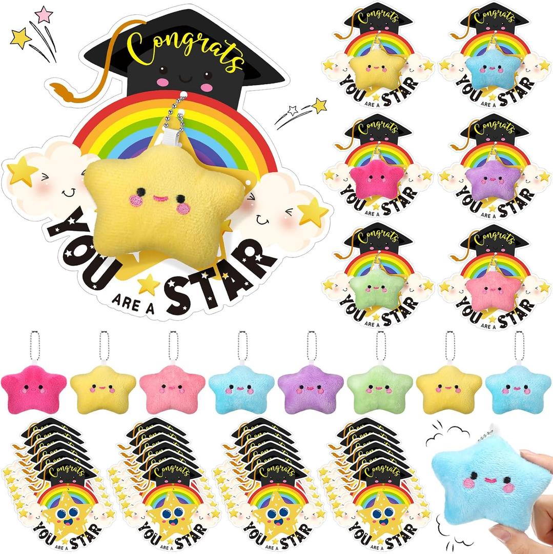 24 Pcs Graduation Gifts Bulk Star Plush Keychains with You're a Star Cards Stuffed Star Keychains Class of 2025 Graduation Gifts Bulk End of Year Party Favors Goodie Bags Decorations