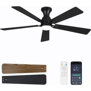 Ceiling Fans with Lights, 60 Inch Low Profile Ceiling Fan with Light and Remote Control, Flush Mount, Reversible, 3CCT, Dimmable LED, Quiet, Black Ceiling Fan for Bedroom, Living Room