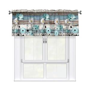 Giwawa Daisy Floral Kitchen Curtain Valance Rustic Wood Rod Pocket Blackout Short Window Treatments Drapes for Bathroom Bedroom Decor, 52" W x 18" L