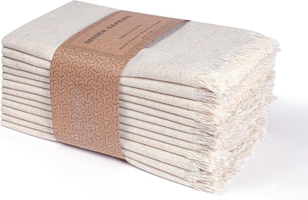 Linen Cloth Napkins - Set of 12 18x18 Cotton Dinner Napkins with Fringes, Mitered Corners, Machine Washable - Ideal for Weddings & Cocktail Parties