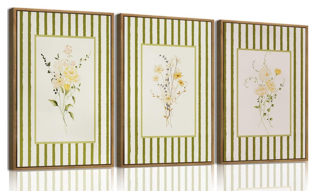 KISSFOX 3 Piece Framed Wall Art Floral Wall Decor Wildflower Canvas Wall Art Flower Pictures Boho Botanical Paintings Green Poster Wall Decor For Girly Room Bedroom Apartment Dorm Living Room, 16"×24"