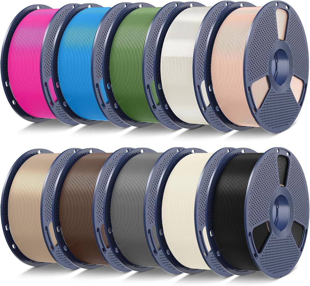 SUNLU 10kg PLA 3D Printer Filament Bundle Multicolor, Neatly Wound PLA Filament 1.75mm 0.02mm, 1kg per Spool, 10 Pack, Black+Bone White+Grey+Brown+Wood+Beige+Olive Green+Cyan+Magenta+Clear
